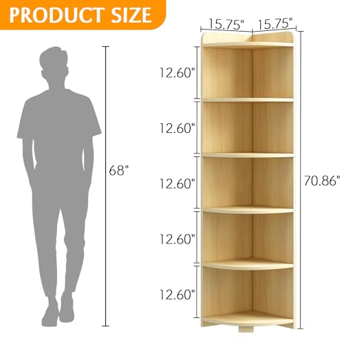 6-Tier Open Corner Shelf Tall Wooden Floor Standing Bookshelf Oak F271