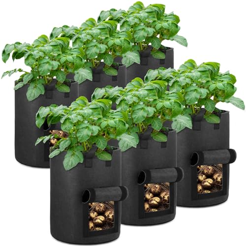 6-Pack 10 Gallon Potato Grow Bags with Flap Window, Heavy Duty Aeration Fabric Pots with Handles I273
