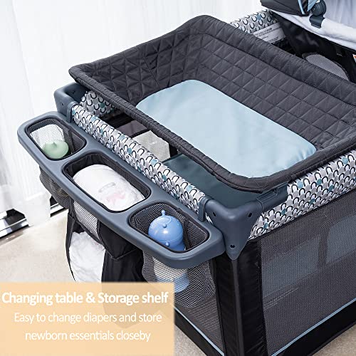 5 in 1 Foldable Baby Crib with Bassinets, Changing Table, Newborn Napper, Diaper Stacker, Playpen Q298