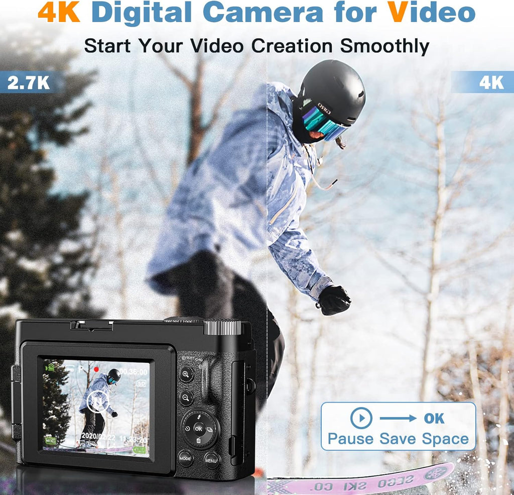 48MP 4K Digital Camera with 16X Digital Zoom, 3'' Flip Screen, Flash, SD Card, 2 Batteries V71025