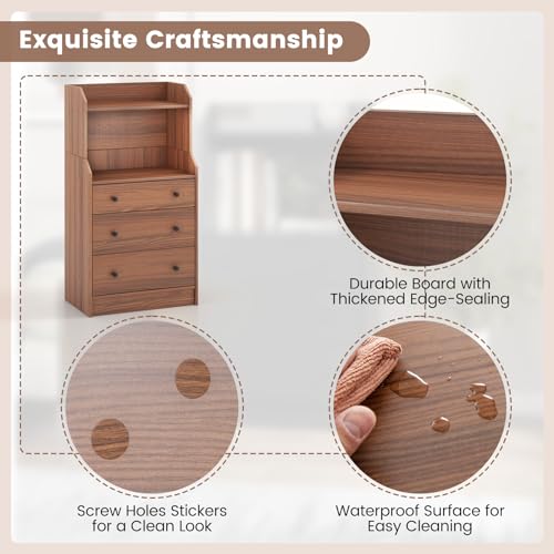 3 Drawers Dresser with Shelves, Tall Nightstand with 2 Open Shelves, Chest of Drawers (Walnut) P760