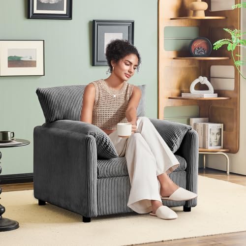 Corduroy Single Sofa Chair with Side Pocket Oversized Armchair (Beige) W342