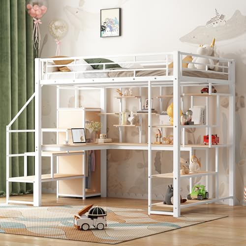 Black Metal Loft Bed with Desk and Stairs X603