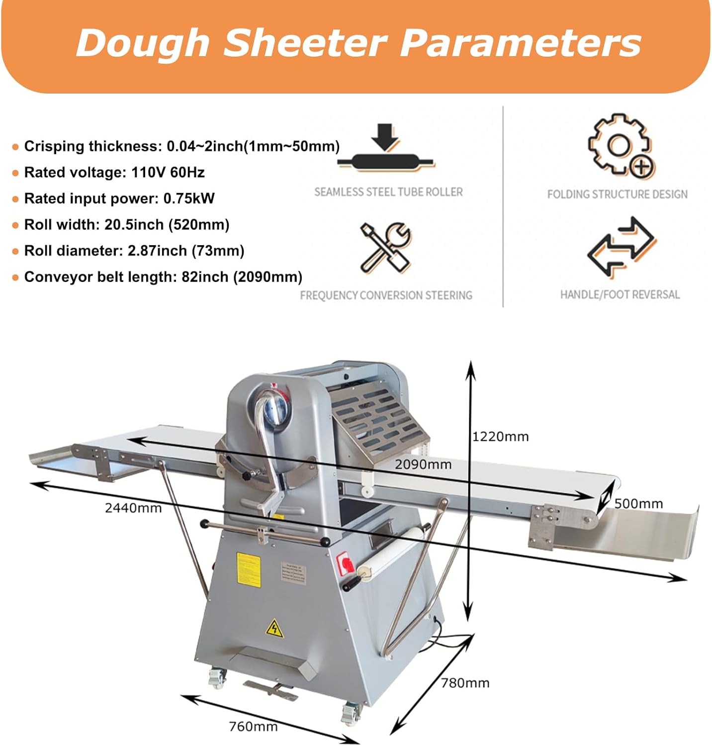 Dough Sheeter 20'' Reversible Dough Roller Machine with Foot Switch 110V U65843