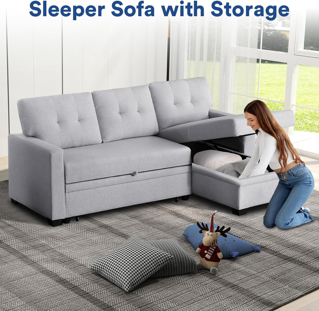 Light Gray L Shaped Couch with Pull Out Bed and Storage Sectional Sleeper Sofa Z5907
