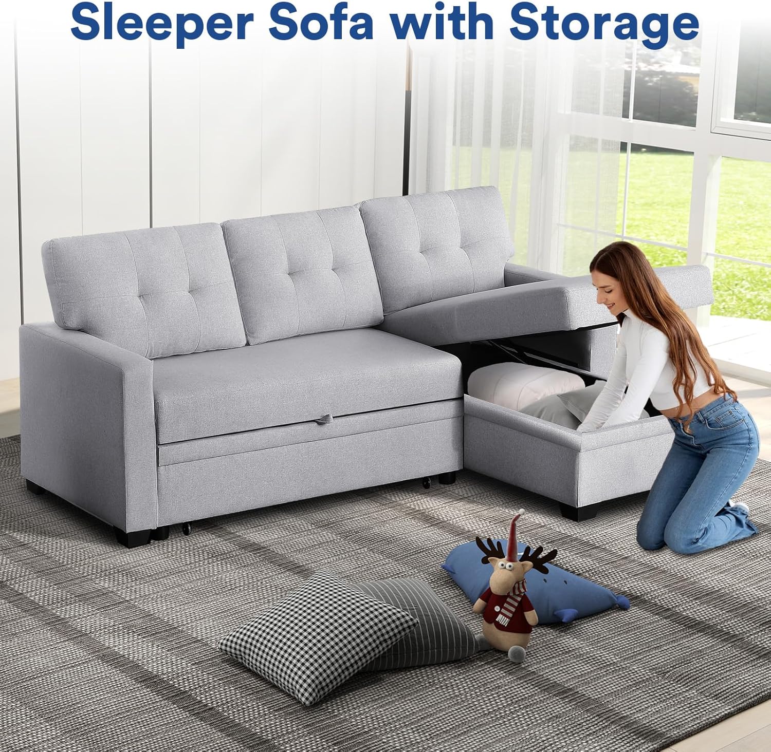 Light Gray L Shaped Couch with Pull Out Bed and Storage Sectional Sleeper Sofa Z5907