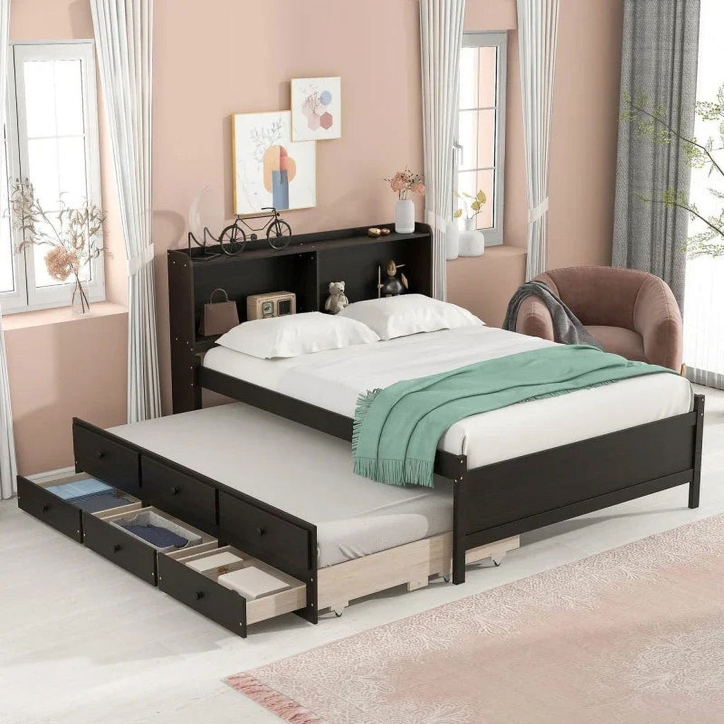 Twin Trundle Bed with Bookcase and Drawers Espresso U511