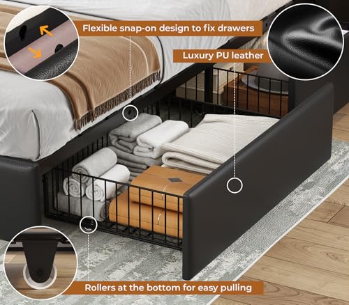 Queen Bed Frame with Storage Headboard and 4 Drawers, Gray D66238