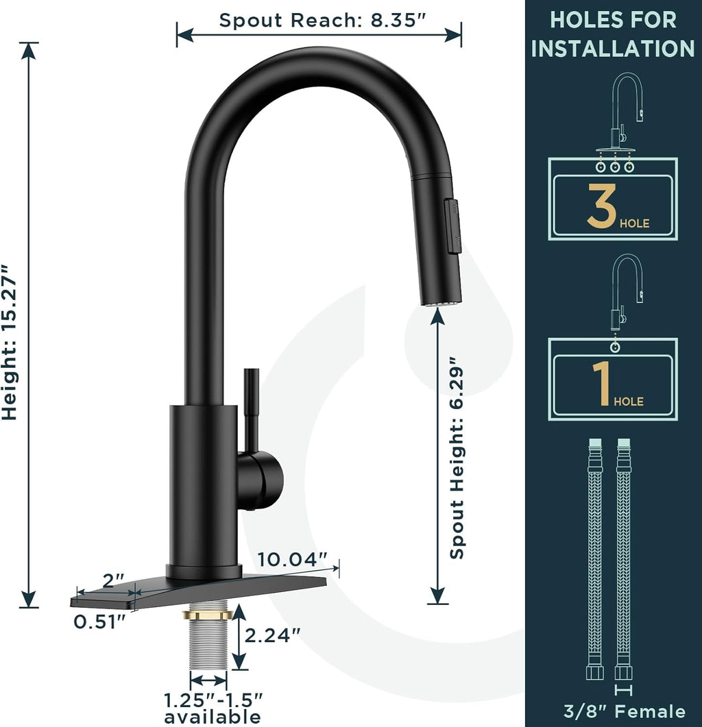 Black Kitchen Faucet with Pull Down Sprayer Stainless Steel High Arc Spout H420