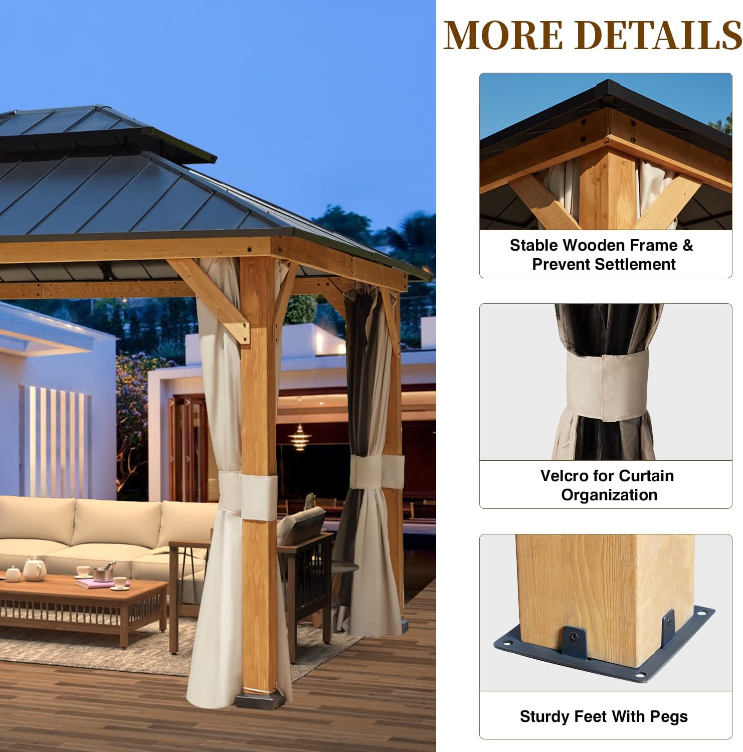 Solid Wood Gazebo with Metal Roof and Netting A120917