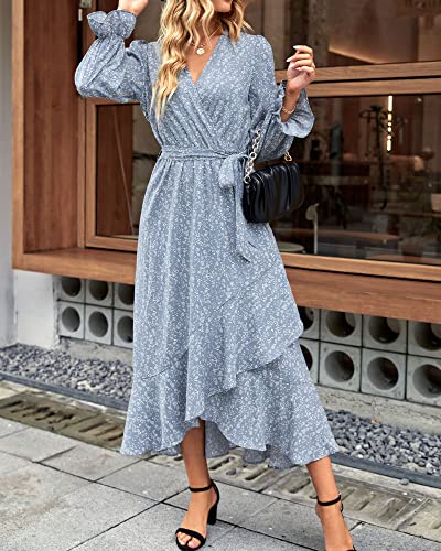 Women Long Sleeve Wrap Maxi Dress V Neck Floral High Waist Flowy Ruffle Dresses with Belt J197415