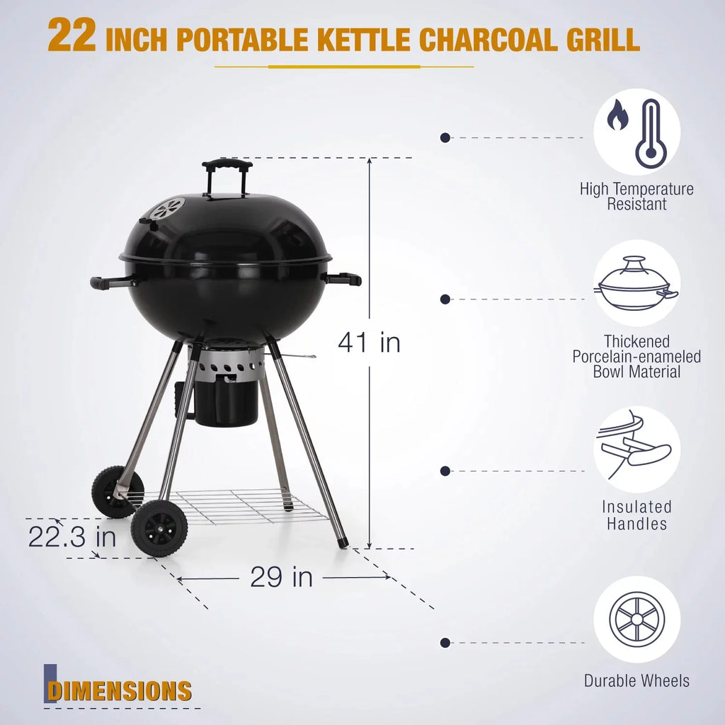 22" Portable Charcoal BBQ Grill, Black G914