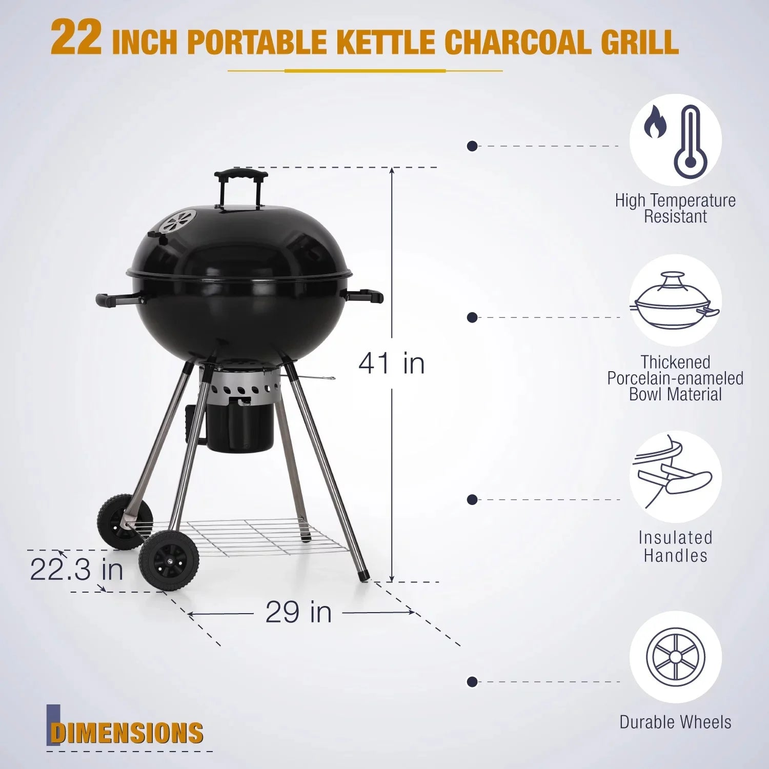 22" Portable Charcoal BBQ Grill, Black G914