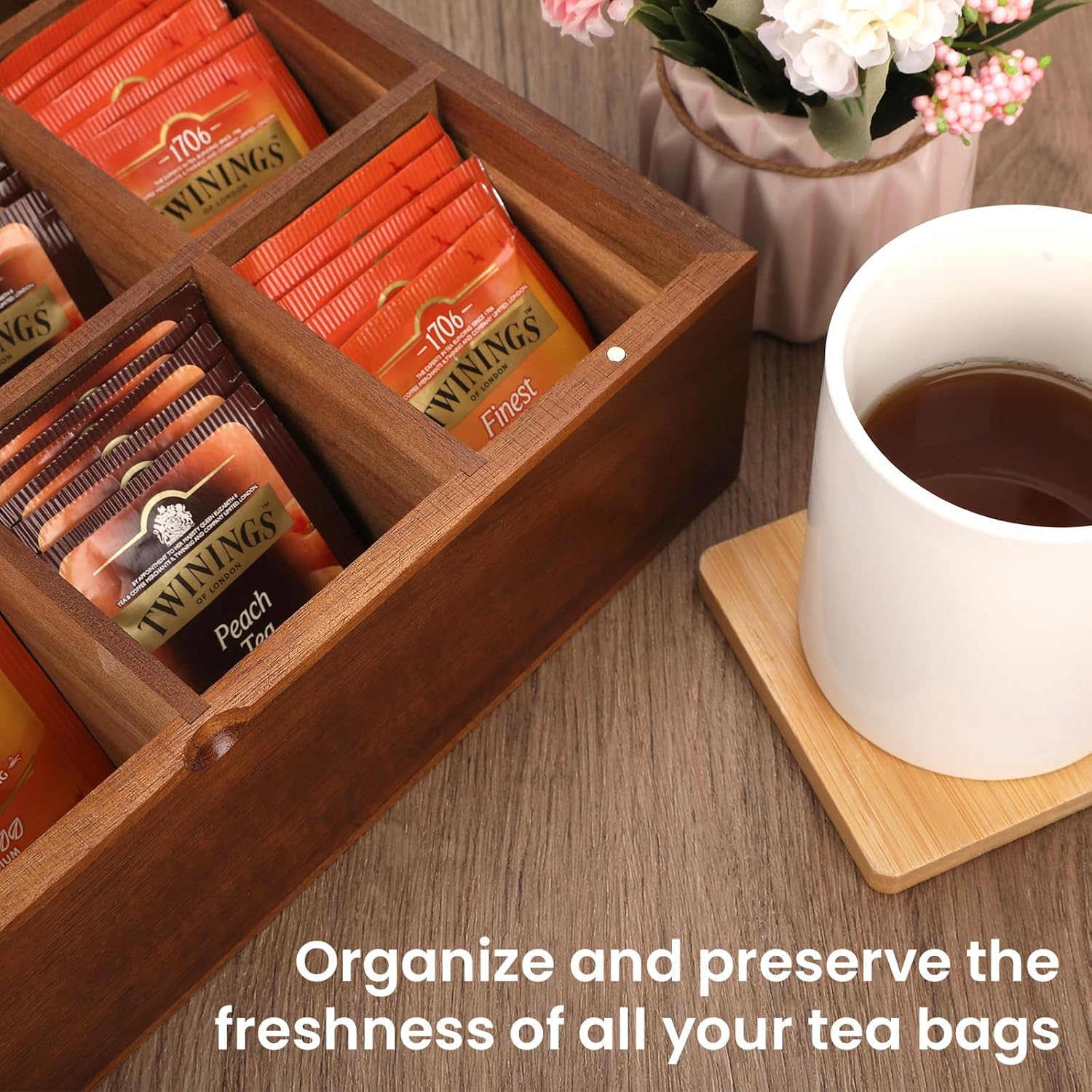Acacia Wooden Tea Bag Organizer with 12 Compartments and Clear Acrylic Top Window I1543