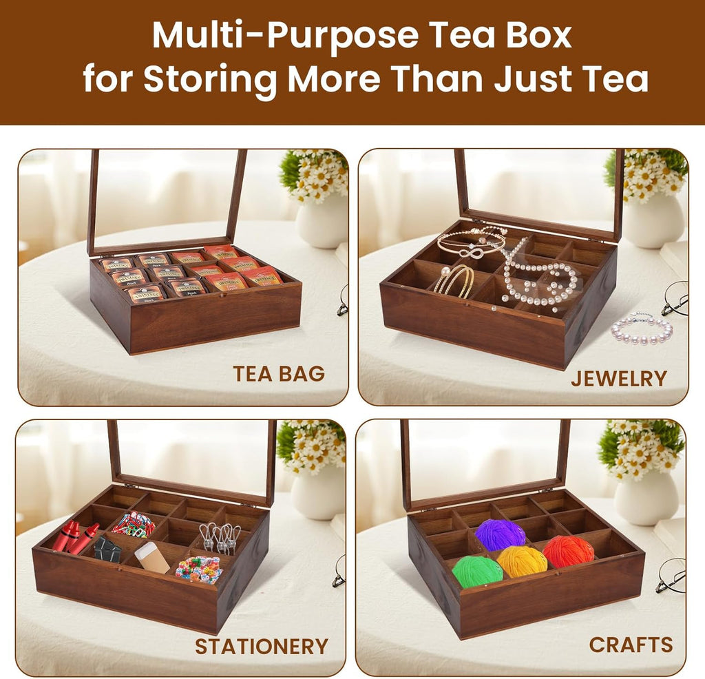 Acacia Wooden Tea Bag Organizer with 12 Compartments and Clear Acrylic Top Window I1543