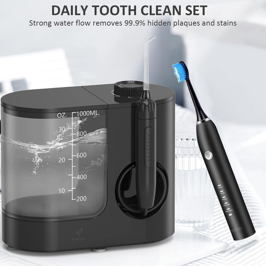 1000ML Detachable Water Tank Electric Water Flosser Toothbrush Combo with 7 Jet Tips & 4 Brush Heads Z5078