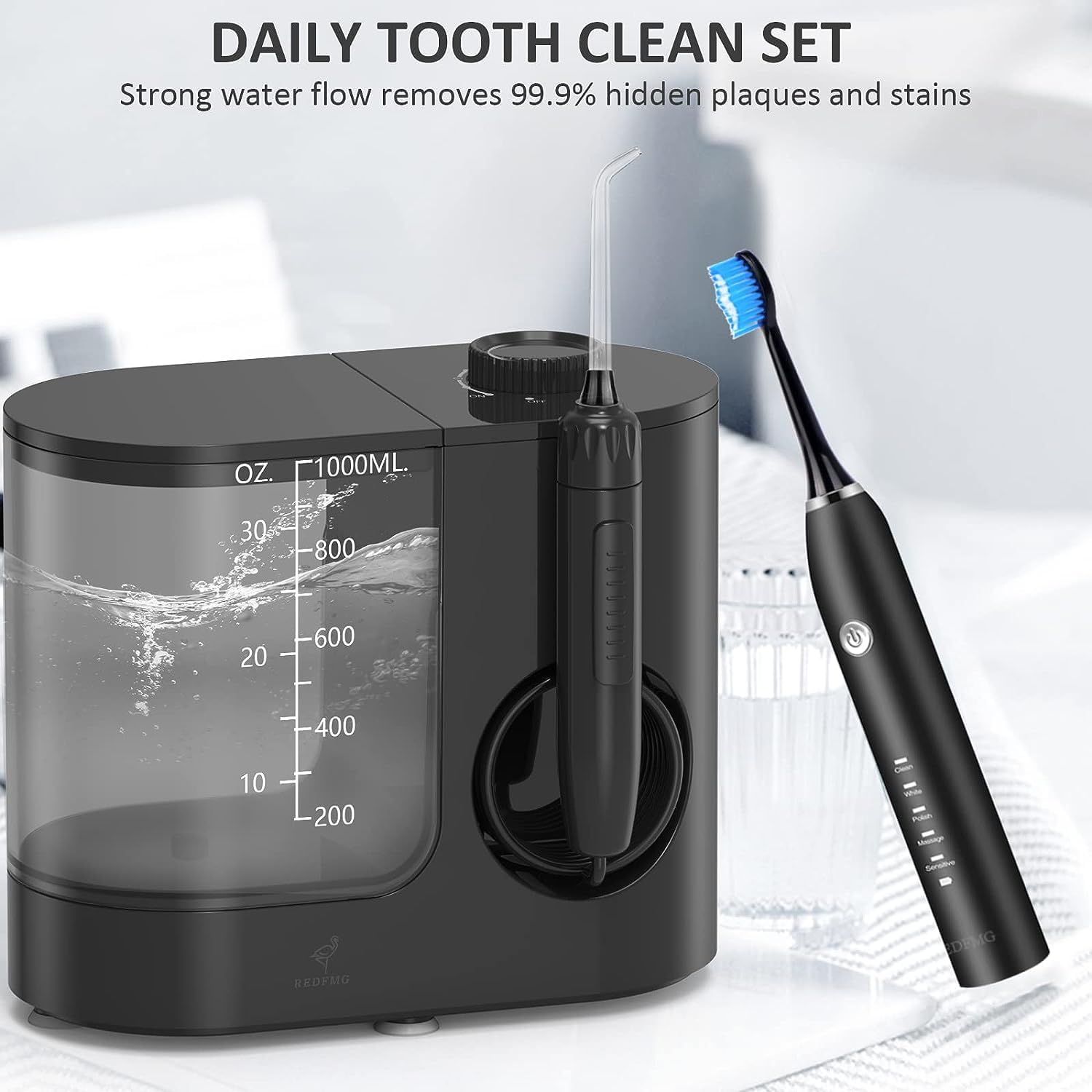 1000ML Detachable Water Tank Electric Water Flosser Toothbrush Combo with 7 Jet Tips & 4 Brush Heads Z5078
