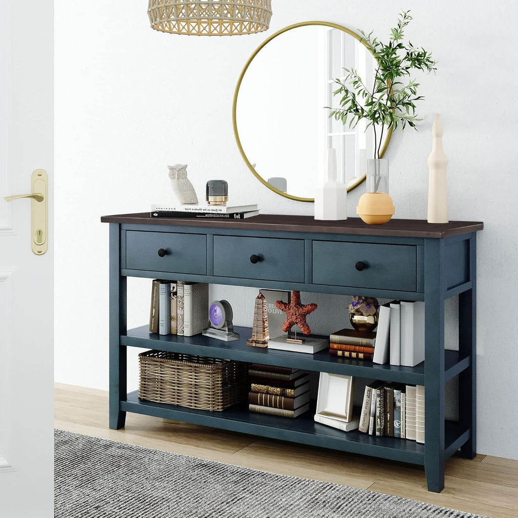 Navy Console Table with 2 Open Shelves and 3 Storage Drawers, Pine Solid Wood Frame M276109