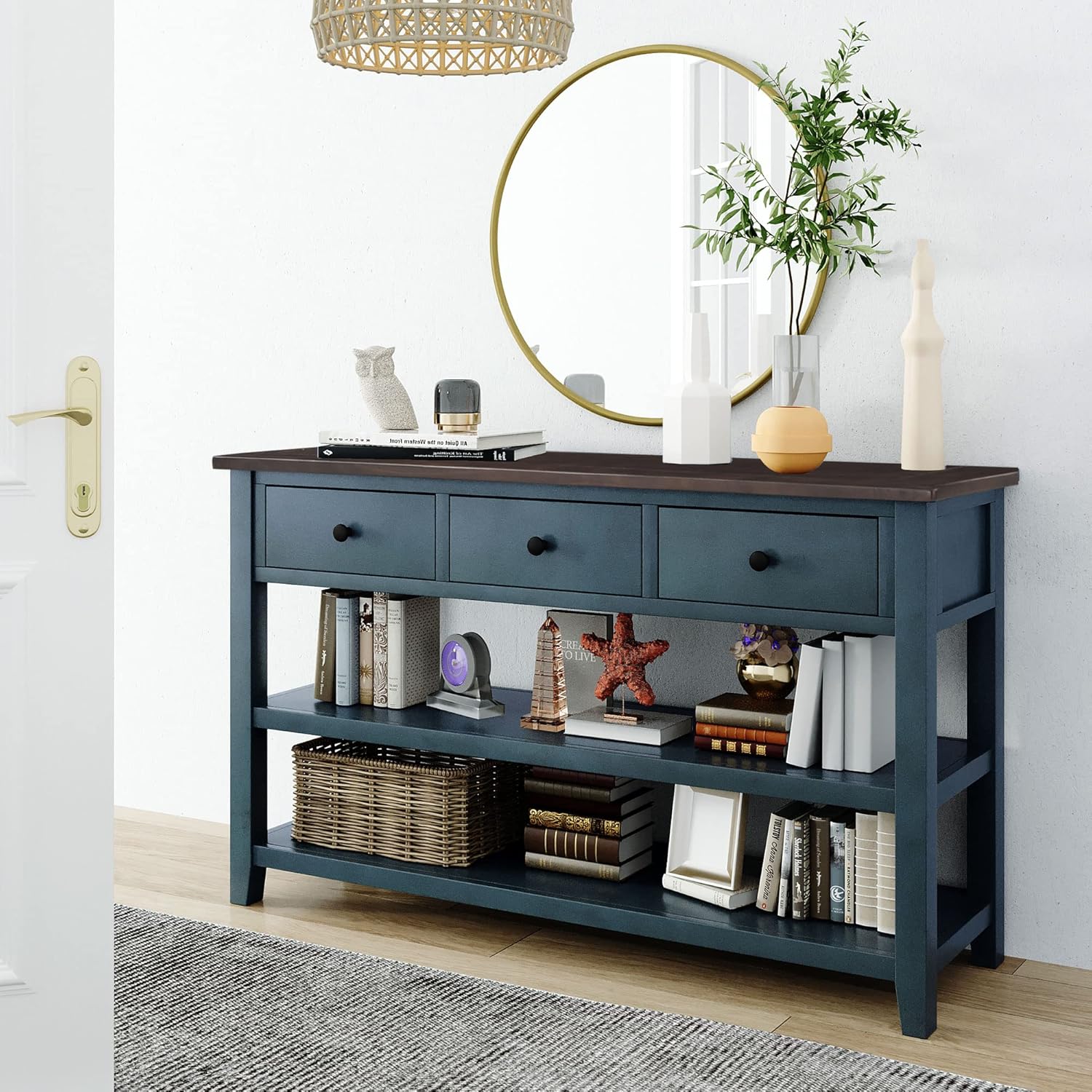 Navy Console Table with 2 Open Shelves and 3 Storage Drawers, Pine Solid Wood Frame M276109