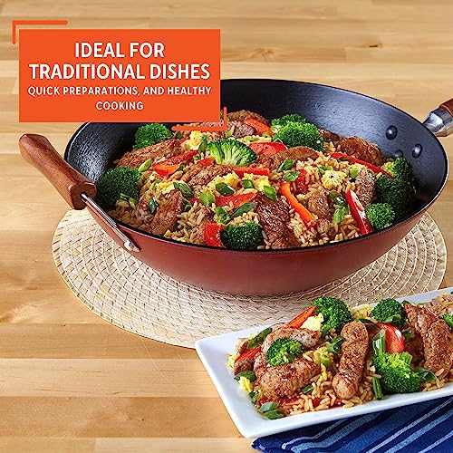 Black 14-Inch Cast Iron Wok with Wood Handles Y74833