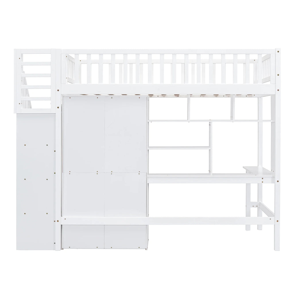 Twin Size Wood Loft Bed with Stairs and Wardrobe N56145