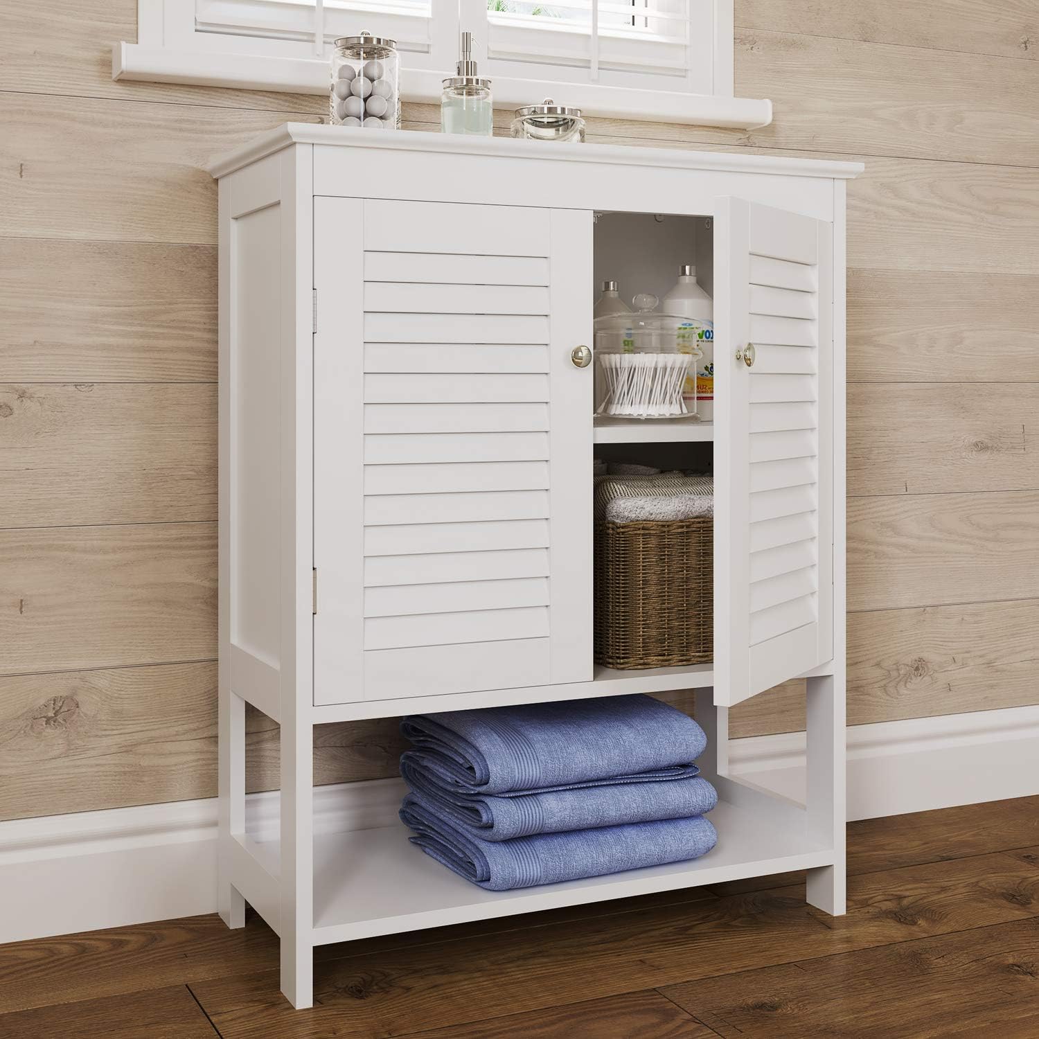 White Two-Door Floor Cabinet with Open Shelf Q56503