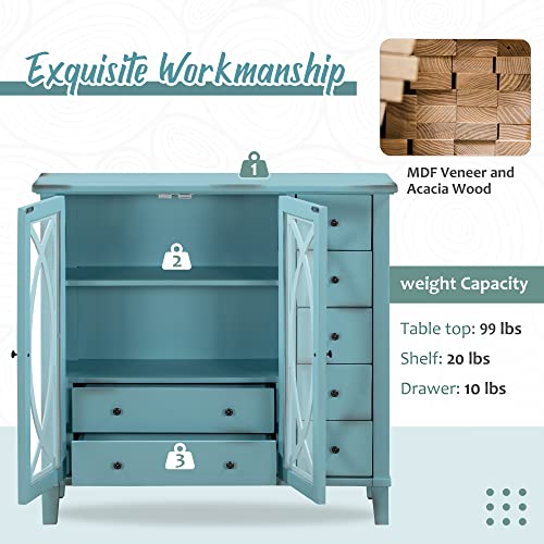 Antique Light Green Wooden Sideboard with 5 Small Drawers and 2 Large Drawers T778608