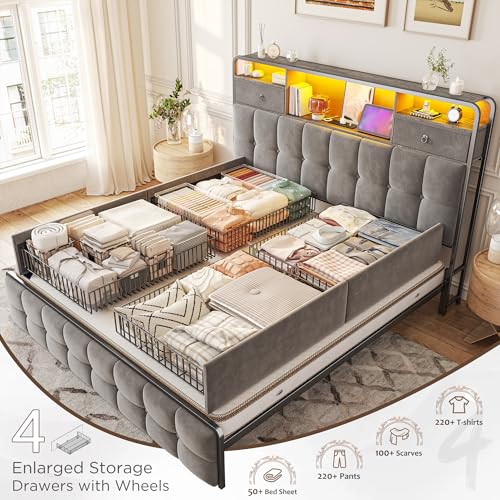 King Size Bed Frame with 4 Storage Drawers and LED Lights, Grey W31210