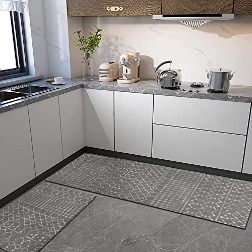 Boho Kitchen Mat Set of 2 Non Skid Washable Dark Grey 17"x47"+17"x30" I895