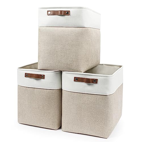 Beige White 3 Pack Fabric Storage Bins with Handles X105000