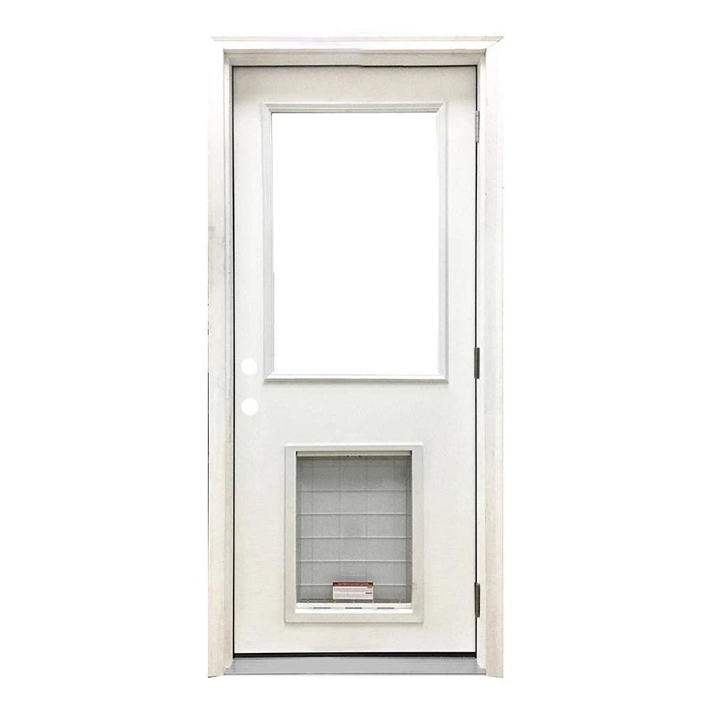 36 in. x 80 in. White Primed Fiberglass Prehung Back Door with Pet Door E46084