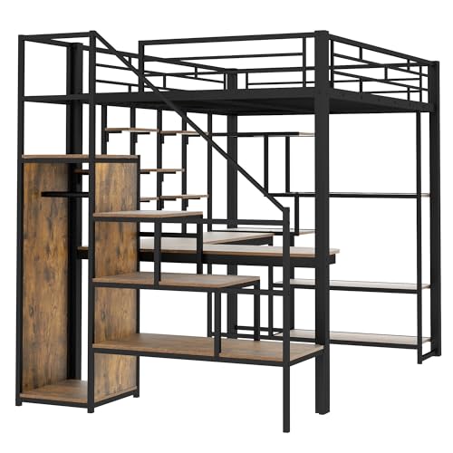 Black Metal Loft Bed with Desk and Stairs X603