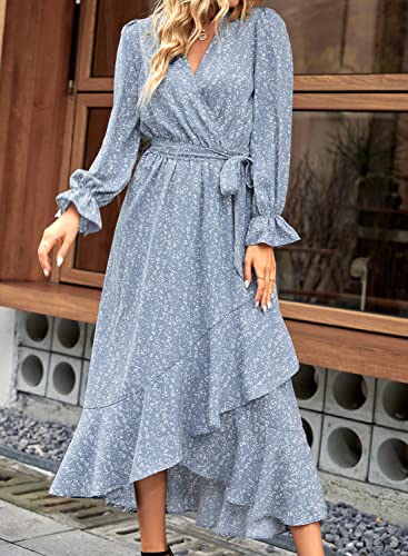 Women Long Sleeve Wrap Maxi Dress V Neck Floral High Waist Flowy Ruffle Dresses with Belt J197415